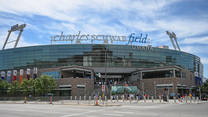 Jun 14, 2024; Omaha, NE, USA;  General view of the stadium before the College World Series at Charles Schwab Filed Omaha. Mandatory Credit: Steven Branscombe-Imagn Images