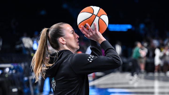 New York Liberty guard Sabrina Ionescu (20) warms up before a game against the Seattle Storm at Barclays Center. 