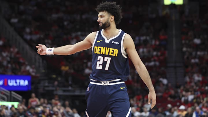 Mar 23, 2025; Houston, Texas, USA; Denver Nuggets guard Jamal Murray (27) reacts during the game against the Houston Rockets at Toyota Center. Mandatory Credit: Troy Taormina-Imagn Images