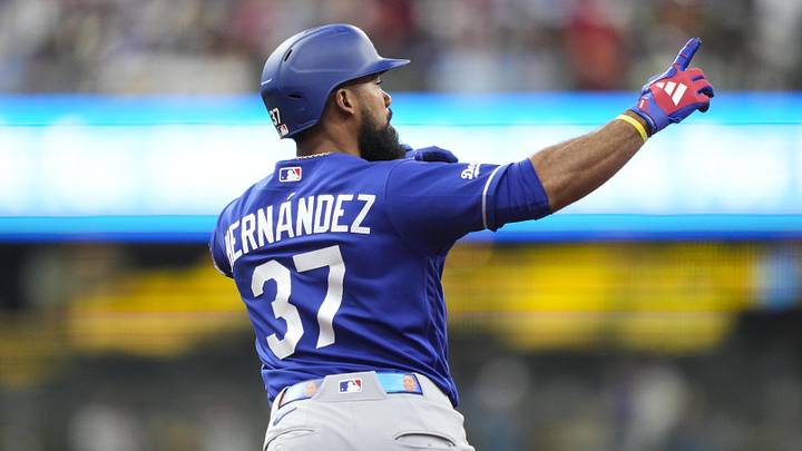May 23, 2026; Milwaukee, Wisconsin, USA;  Los Angeles Dodgers left fielder Teoscar Hernandez (37) celebrates while rounding the bases after hitting a home during the fourth inning against the Milwaukee Brewers at American Family Field. Mandatory Credit: Jeff Hanisch-Imagn Images