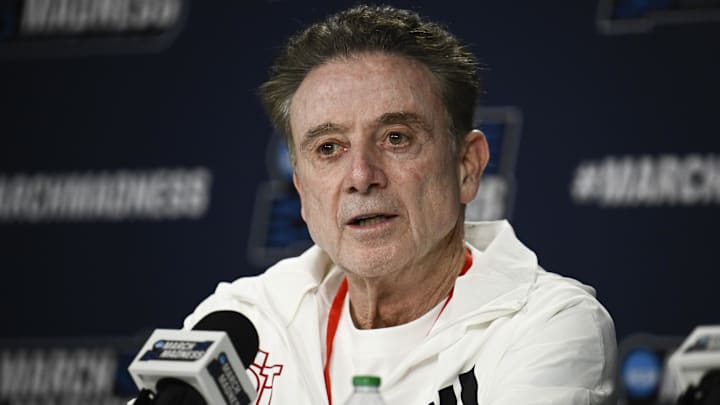 Mar 19, 2026; San Diego, CA, USA; St. John's Red Storm head coach Rick Pitino speaks at a press conference ahead of the first round of the men's 2026 NCAA Tournament at Viejas Arena. Mandatory Credit: Denis Poroy-Imagn Images