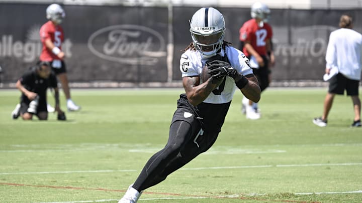 Jun 11, 2025; Henderson, NV, USA; Las Vegas Raiders wide receiver Dont'e Thornton Jr. (10) runs through a drill during Las Vegas Raiders Minicamp at Intermountain Health Performance Center. Mandatory Credit: Candice Ward-Imagn Images