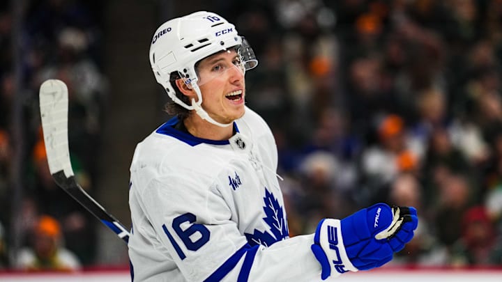 Nov 3, 2024; Saint Paul, Minnesota, USA; Toronto Maple Leafs right wing Mitch Marner (16) looks on during the second period against the Minnesota Wild at Xcel Energy Center. Mandatory Credit: Brace Hemmelgarn-Imagn Images