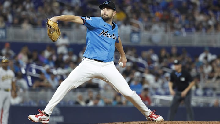 May 4, 2025; Miami, Florida, USA;  Miami Marlins pitcher Anthony Bender (37) pitches against the Oakland Athletics left during the ninth inning at loanDepot Park.