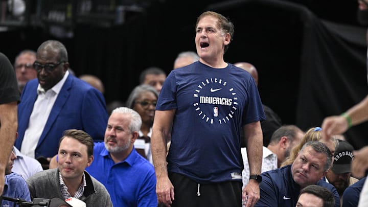 Mark Cuban looks on during the game between the Dallas Mavericks and the Memphis Grizzlies at American Airlines Center on Oct. 7, 2024.