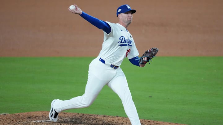 Oct 29, 2025; Los Angeles, California, USA; Los Angeles Dodgers pitcher Blake Treinen (49) pitches against the Toronto Blue Jays in the ninth inning during game five of the 2025 MLB World Series at Dodger Stadium. Mandatory Credit: Kirby Lee-Imagn Images