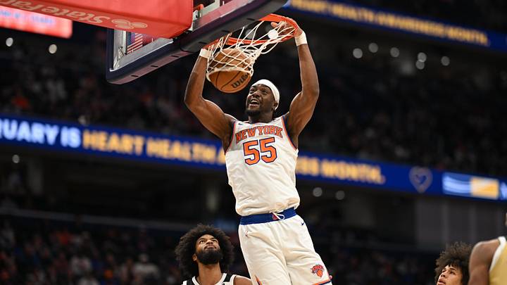 Feb 3, 2026; Washington, District of Columbia, USA; New York Knicks center Ariel Hukporti (55) dunks ball against the Washington Wizards during the fourth quarter at Capital One Arena. Mandatory Credit: Rafael Suanes-Imagn Images Feb 3, 2026; Washington, District of Columbia, USA; New York Knicks center Ariel Hukporti (55) dunks ball against the Washington Wizards during the fourth quarter at Capital One Arena. Mandatory Credit: Rafael Suanes-Imagn Images