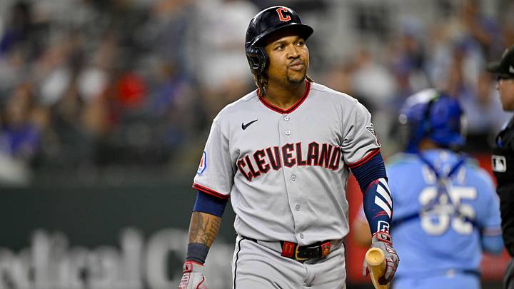 Jun 7, 2026; Arlington, Texas, USA; Cleveland Guardians designated hitter Jose Ramirez (11) looks on after he strikes out with the bases loaded to end the fifth inning against the Texas Rangers at Globe Life Field. Mandatory Credit: Jerome Miron-Imagn Images