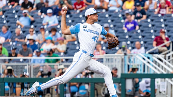 Jun 18, 2024; Omaha, NE, USA; North Carolina Tar Heels starting pitcher Aidan Haugh (47) pitches against the Florida State Seminoles during the first inning at Charles Schwab Field Omaha. Mandatory Credit: Dylan Widger-Imagn Images