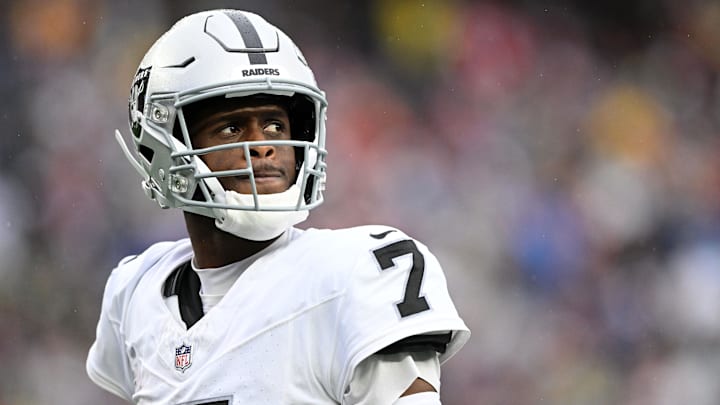 Sep 7, 2025; Foxborough, Massachusetts, USA; Las Vegas Raiders quarterback Geno Smith (7) reacts against the New England Patriots during the second half at Gillette Stadium. Mandatory Credit: Brian Fluharty-Imagn Images
