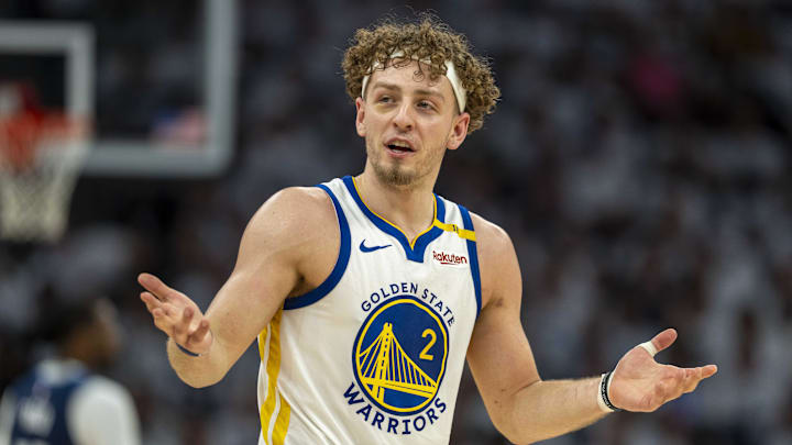 May 14, 2025; Minneapolis, Minnesota, USA; Golden State Warriors guard Brandin Podziemski (2) reacts to a foul called against the Minnesota Timberwolves in the second half during game five of the second round for the 2025 NBA Playoffs at Target Center. Mandatory Credit: Jesse Johnson-Imagn Images