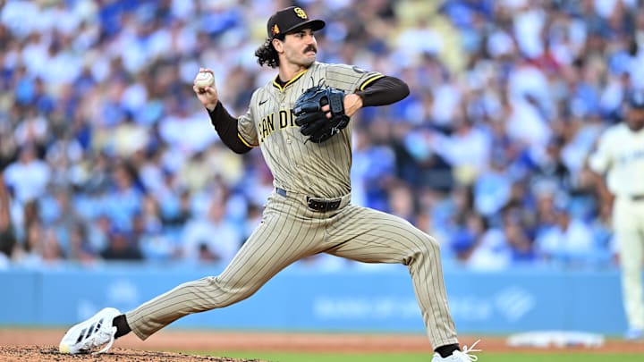 Aug 16, 2025; Los Angeles, California, USA; San Diego Padres pitcher Dylan Cease (84) throws during the second inning against the Los Angeles Dodgers at Dodger Stadium. Mandatory Credit: William Liang-Imagn Images Aug 16, 2025; Los Angeles, California, USA; San Diego Padres pitcher Dylan Cease (84) throws during the second inning against the Los Angeles Dodgers at Dodger Stadium. Mandatory Credit: William Liang-Imagn Images
