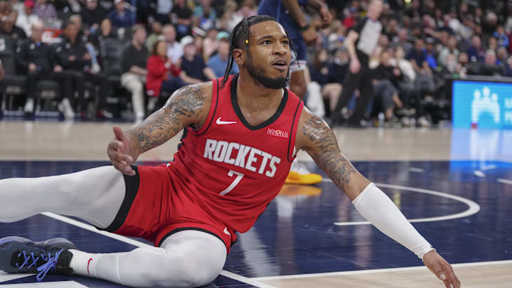 Apr 9, 2025; Inglewood, California, USA; Houston Rockets guard Cam Whitmore (7) reacts after missing a shot against the Los Angeles Clippers in the second half at Intuit Dome. Mandatory Credit: Kirby Lee-Imagn Images