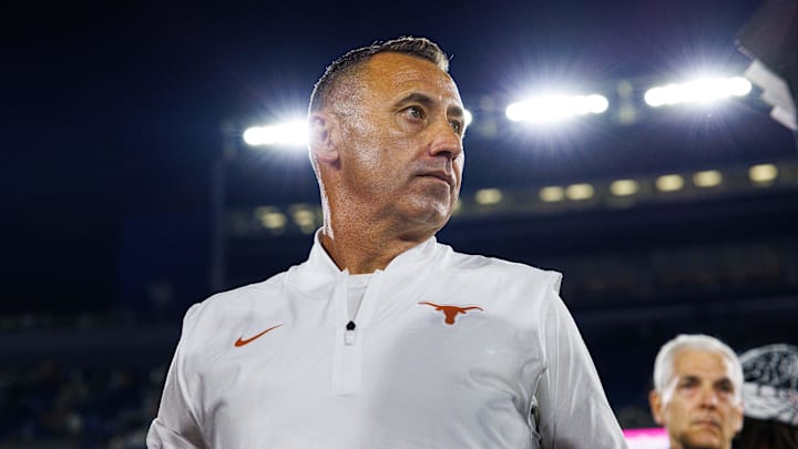 Texas Longhorns head coach Steve Sarkisian is interviewed by the media after the game against the Kentucky Wildcats at Kroger Field. 