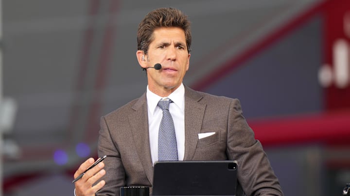 Oct 23, 2024; Inglewood, California, USA; Bob Myers on the ESPN NBA Countdown live set at Intuit Dome. Mandatory Credit: Kirby Lee-Imagn Images