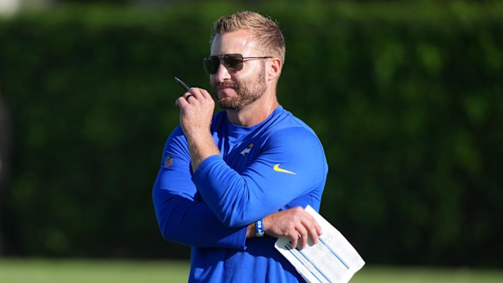 Jul 23, 2025; Los Angeles, CA, USA; Los Angeles Rams coach Sean McVay during training camp at Loyola Marymount University. Mandatory Credit: Kirby Lee-Imagn Images