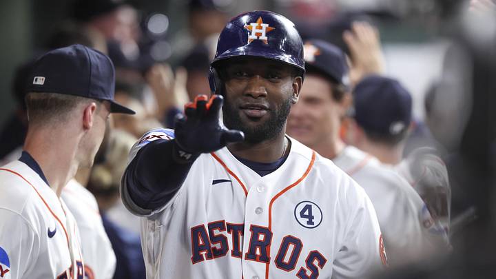 Jun 2, 2026; Houston, Texas, USA; Houston Astros designated hitter Yordan Alvarez (44) waves in the dugout after hitting a home run during the first inning against the Pittsburgh Pirates at Daikin Park. Jun 2, 2026; Houston, Texas, USA; Houston Astros designated hitter Yordan Alvarez (44) waves in the dugout after hitting a home run during the first inning against the Pittsburgh Pirates at Daikin Park.