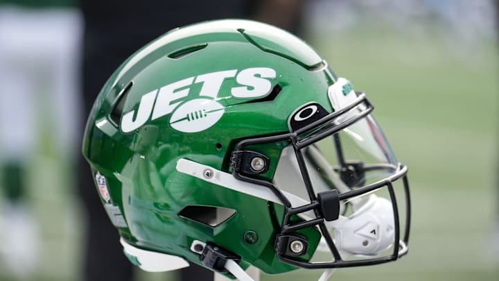 Aug 12, 2023; Charlotte, North Carolina, USA; New York Jets helmet during the second quarter against the Carolina Panthers at Bank of America Stadium. Mandatory Credit: Jim Dedmon-Imagn Images
