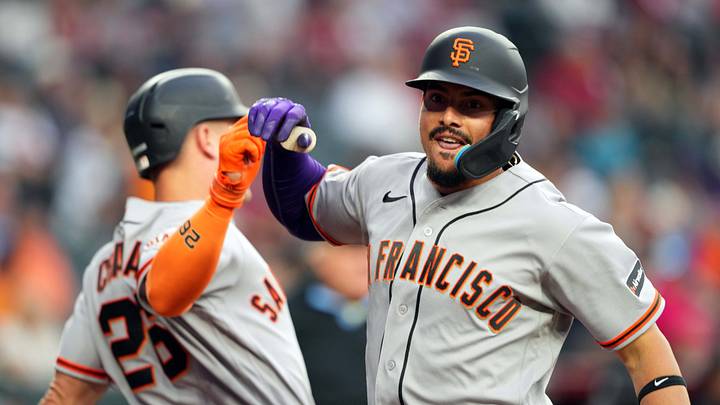 Phoenix, Arizona, USA; San Francisco Giants shortstop Willy Adames (2) celebrates with San Francisco Giants third baseman Matt Chapman (26) after hitting a home run against the Arizona Diamondbacks during the second inning at Chase Field. Mandatory Credit: Joe Camporeale-Imagn Images