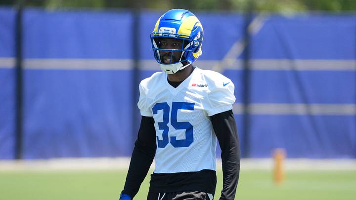 Jun 2, 2026; Woodland Hills, CA, USA; Los Angeles Rams cornerback Jaylen Watson (35) during organized team activities at Rams Practice Facility. Mandatory Credit: Kirby Lee-Imagn Images
