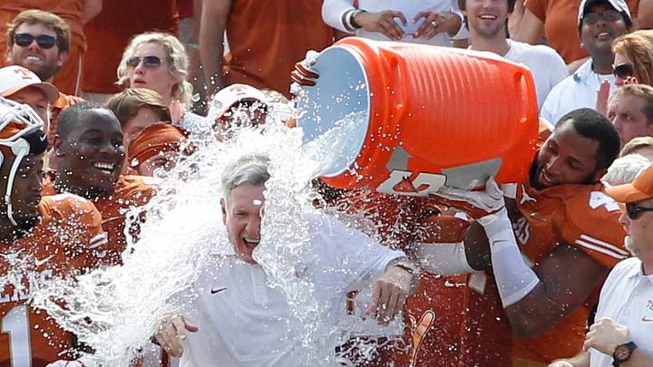 Mack Brown after Texas' 2013 win over Oklahoma Mack Brown after Texas' 2013 win over Oklahoma