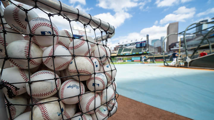 Aug 2, 2022; Minneapolis, Minnesota, USA; Batting practice baseballs await use prior to the game between the Detroit Tigers and Minnesota Twins at Target Field.