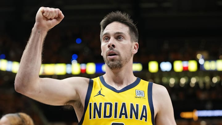 Jun 19, 2025; Indianapolis, Indiana, USA; Indiana Pacers guard T.J. McConnell (9) reacts at the end of the third quarter against the Oklahoma City Thunder during the second half of game six of the 2025 NBA Finals between the Oklahoma City Thunder and the Indiana Pacers at Gainbridge Fieldhouse. Mandatory Credit: Kyle Terada-Imagn Images