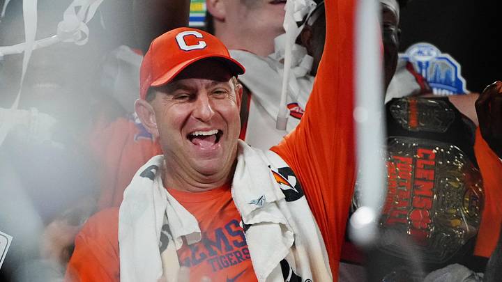 Dec 3, 2022; Charlotte, North Carolina, USA; Clemson Tigers head coach Dabo Swinney celebrates after defeating the North Carolina Tar Heels 39-10 to win the ACC Championship game at Bank of America Stadium. Mandatory Credit: Bob Donnan-Imagn Images