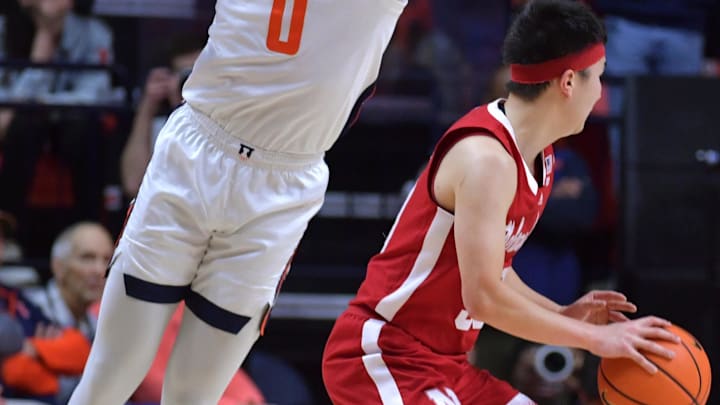 Feb 4, 2024; Champaign, Illinois, USA;  Nebraska Cornhuskers guard Keisei Tominaga (30) drives to