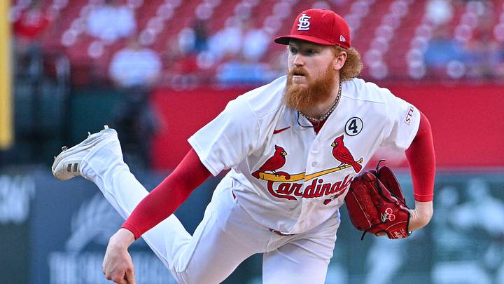 Jun 2, 2026; St. Louis, Missouri, USA; St. Louis Cardinals starting pitcher Dustin May (3) pitches against the Texas Rangers during the first inning at Busch Stadium. Mandatory Credit: Jeff Curry-Imagn Images