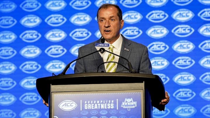 Jul 22, 2024; Charlotte, NC, USA; ACC commissioner Jim Phillips speaks to the media during ACC Kickoff at Hilton Charlotte Uptown. Mandatory Credit: Jim Dedmon-Imagn Images Jul 22, 2024; Charlotte, NC, USA; ACC commissioner Jim Phillips speaks to the media during ACC Kickoff at Hilton Charlotte Uptown. Mandatory Credit: Jim Dedmon-Imagn Images