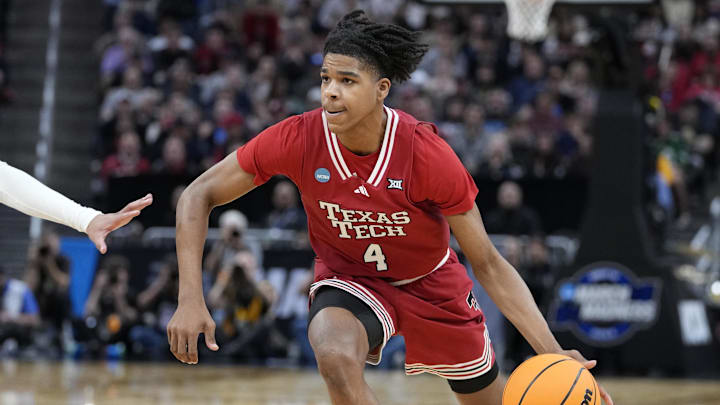 Mar 29, 2025; San Francisco, CA, USA; Texas Tech Red Raiders guard Christian Anderson (4) drives to the hoop during the first half against the Florida Gators during the West Regional final of the 2025 NCAA tournament at Chase Center.