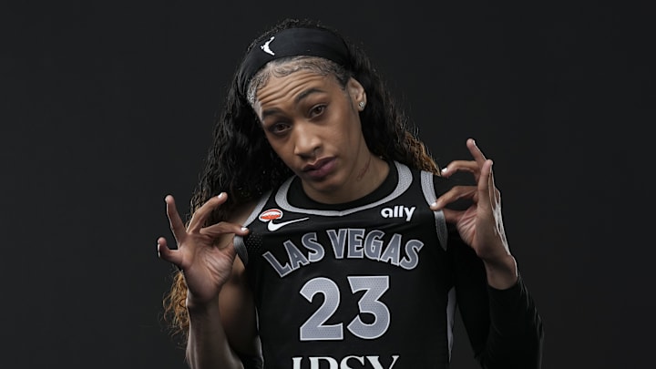 Apr 28, 2026; Las Vegas, NV, USA; Las Vegas Aces guard Chennedy Carter (23) poses for a photo during the 2026 Las Vegas Aces Media Day.Mandatory Credit: Lucas Peltier-Imagn Images