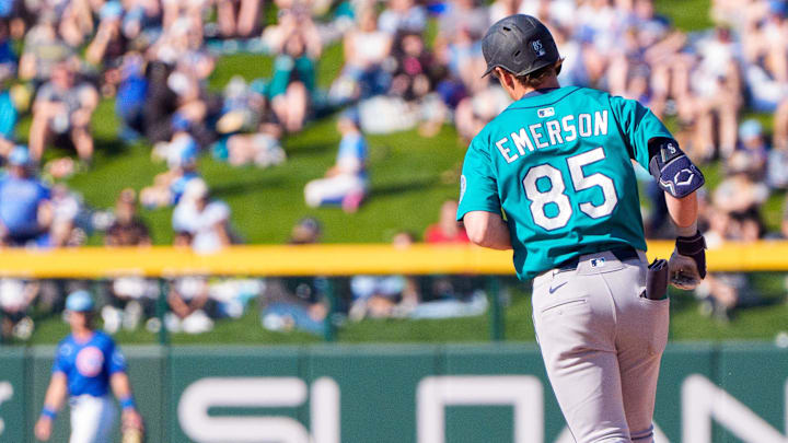 Seattle Mariners infielder Colt Emerson hits a home run during a spring training game against the Chicago Cubs on March 8 at Sloan Park.