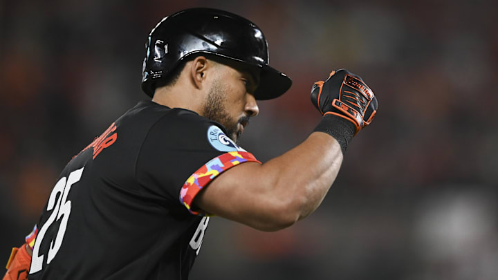 Jul 26, 2024; Baltimore, Maryland, USA; Baltimore Orioles outfielder Anthony Santander (25) celebrates hitting a seventh inning solo home run against the San Diego Padres at Oriole Park at Camden Yards Jul 26, 2024; Baltimore, Maryland, USA; Baltimore Orioles outfielder Anthony Santander (25) celebrates hitting a seventh inning solo home run against the San Diego Padres at Oriole Park at Camden Yards