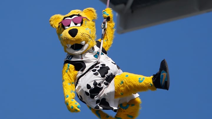 Oct 15, 2017; Jacksonville, FL, USA; Jacksonville Jaguars mascot Jaxon De Ville jumps from a light tower before a football game against the Los Angeles Rams at EverBank Field. Mandatory Credit: Reinhold Matay-USA TODAY Sports