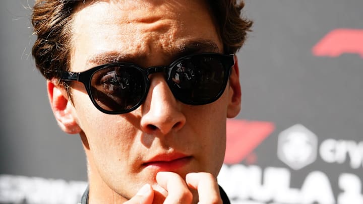 May 3, 2024; Miami Gardens, Florida, USA; Mercedes driver George Russell (63) talks with the media