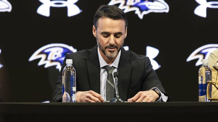 Jan 29, 2026; Owings Mills, MD, USA; Jesse Minter speaks during his introductory press conference at Under Armour Performance Center. Mandatory Credit: Lexi Thompson-Imagn Images