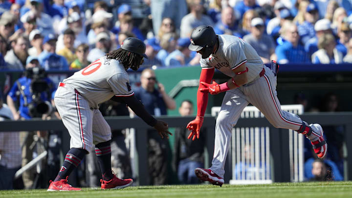 Mar 28, 2024; Kansas City, Missouri, USA; Minnesota Twins third baseman Royce Lewis (23) celebrates
