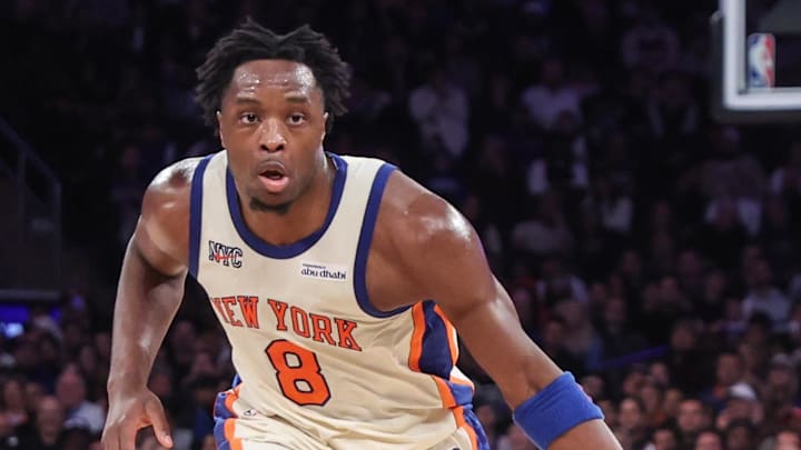 Nov 11, 2025; New York, New York, USA;  New York Knicks forward OG Anunoby (8) looks for an open teammate in the second quarter against the Memphis Grizzlies at Madison Square Garden. Mandatory Credit: Wendell Cruz-Imagn Images