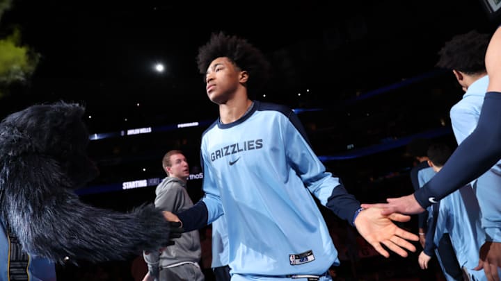 Jaylen Wells of the Memphis Grizzlies is introduced before the game against the Phoenix Suns.