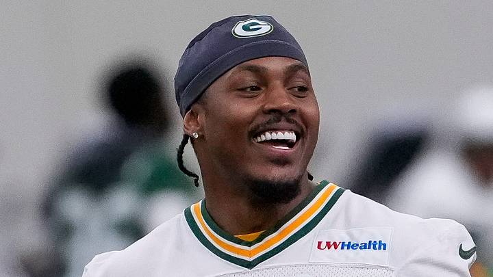 Green Bay Packers running back Josh Jacobs (8) laughs during practice on Tuesday, June 2, 2026, at the Don Hutson Center in Ashwaubenon, Wis.