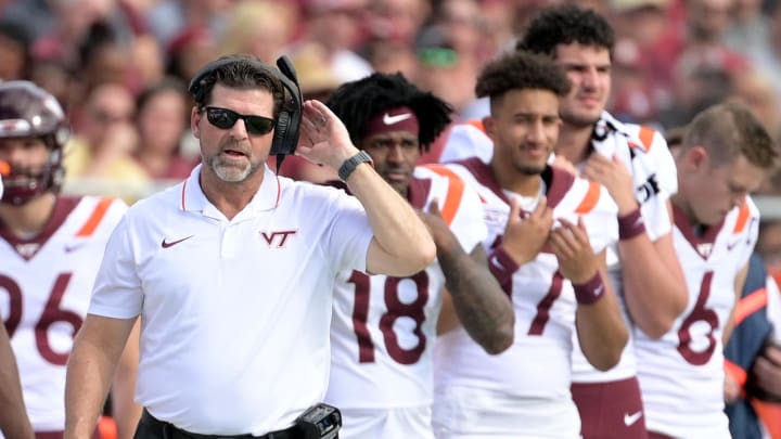 Oct 7, 2023; Tallahassee, Florida, USA; Virginia Tech Hokies head coach Brent Pry watches gameplay from the sidelines during the first half against the Florida State Seminoles at Doak S. Campbell Stadium. Mandatory Credit: Melina Myers-USA TODAY Sports