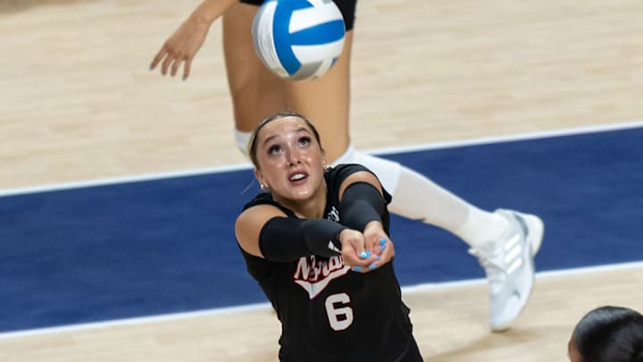 Nebraska DS/Libero Laney Choboy collects a dig during the second set of the AVCA First Serve vs. Pittsburgh.