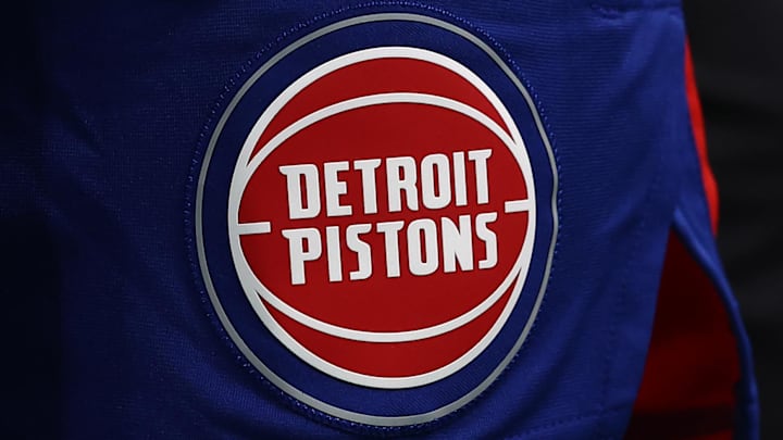Dec 15, 2025; Boston, Massachusetts, USA; The Detroit Pistons logo is seen during the second quarter of the game between the Boston Celtics and the Detroit Pistons at TD Garden. Mandatory Credit: Winslow Townson-Imagn Images