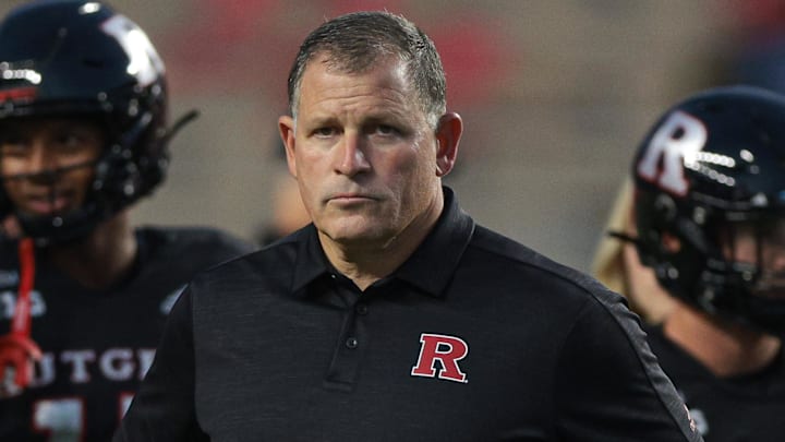Oct 7, 2022; Piscataway, New Jersey, USA; Rutgers Scarlet Knights head coach Greg Schiano looks on before the game against the Nebraska Cornhuskers at SHI Stadium. 
