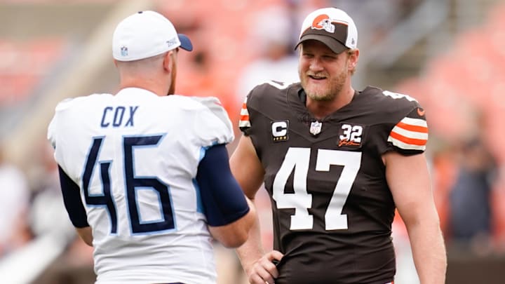 Sep 24, 2023; Cleveland, Ohio, USA; Tennessee Titans long snapper Morgan Cox (46) and Cleveland Browns long snapper Charley Hughlett (47) talk on the field as the teams get ready to face each other at Cleveland Browns Stadium. Sep 24, 2023; Cleveland, Ohio, USA; Tennessee Titans long snapper Morgan Cox (46) and Cleveland Browns long snapper Charley Hughlett (47) talk on the field as the teams get ready to face each other at Cleveland Browns Stadium.