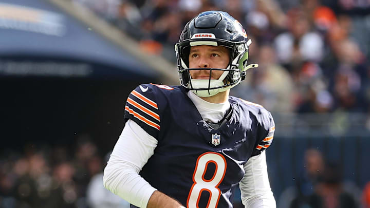 Nov 10, 2024; Chicago, Illinois, USA; Chicago Bears place kicker Cairo Santos (8) reacts after making a field goal against the New England Patriots during the first quarter at Soldier Field. Mandatory Credit: Mike Dinovo-Imagn Images