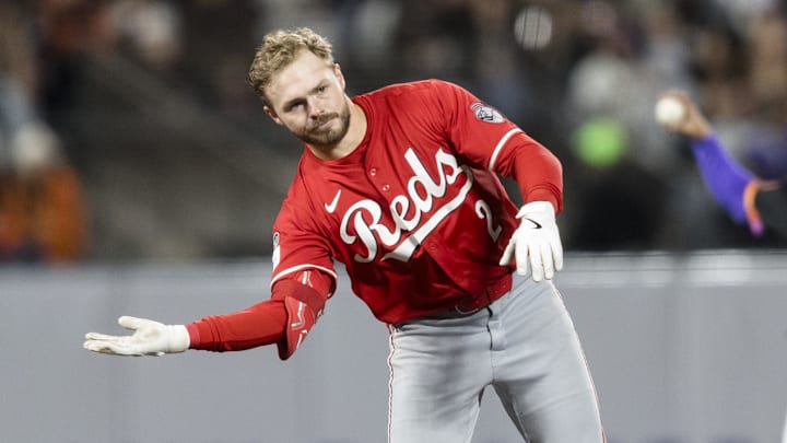 Apr 8, 2025; San Francisco, California, USA; Cincinnati Reds second baseman Gavin Lux (2) gestures after hitting a double against the San Francisco Giants during the ninth inning at Oracle Park. Mandatory Credit: John Hefti-Imagn Images Apr 8, 2025; San Francisco, California, USA; Cincinnati Reds second baseman Gavin Lux (2) gestures after hitting a double against the San Francisco Giants during the ninth inning at Oracle Park. Mandatory Credit: John Hefti-Imagn Images
