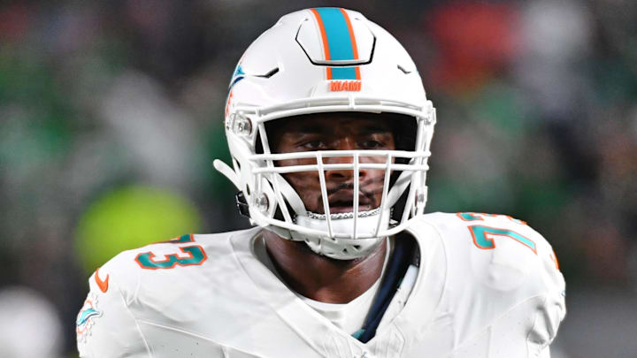 Miami Dolphins tackle Austin Jackson against the Philadelphia Eagles at Lincoln Financial Field in 2023.